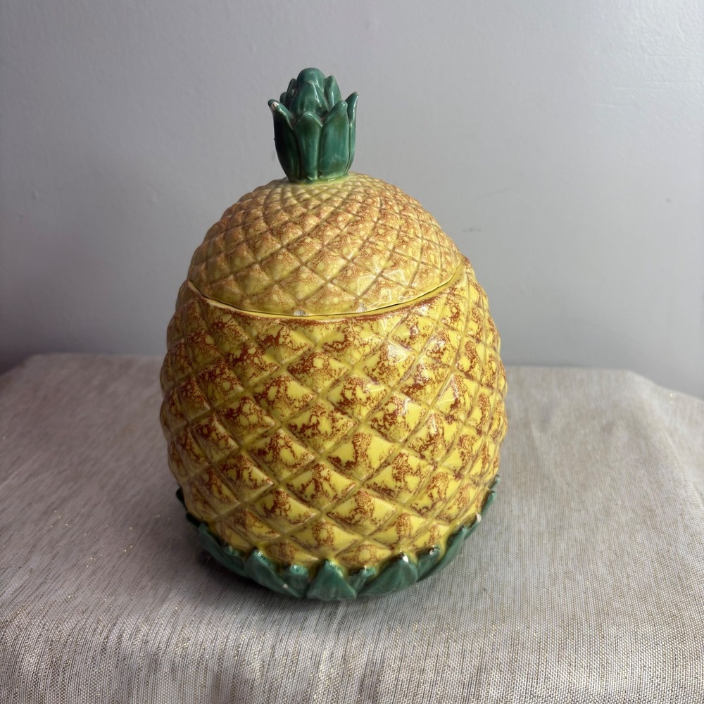 Vintage Ceramic Pineapple Cookie Jar Yellow Brown Green Lid Kitchen Decor